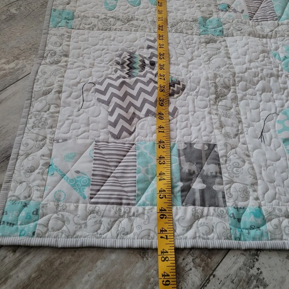 Handmade Baby Quilt Pillow Blue Gray White Elephant Giraffe Applique Nursery Art